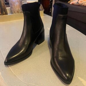 Black leather Chelsea & Violet stacked heel, pointy toe boot